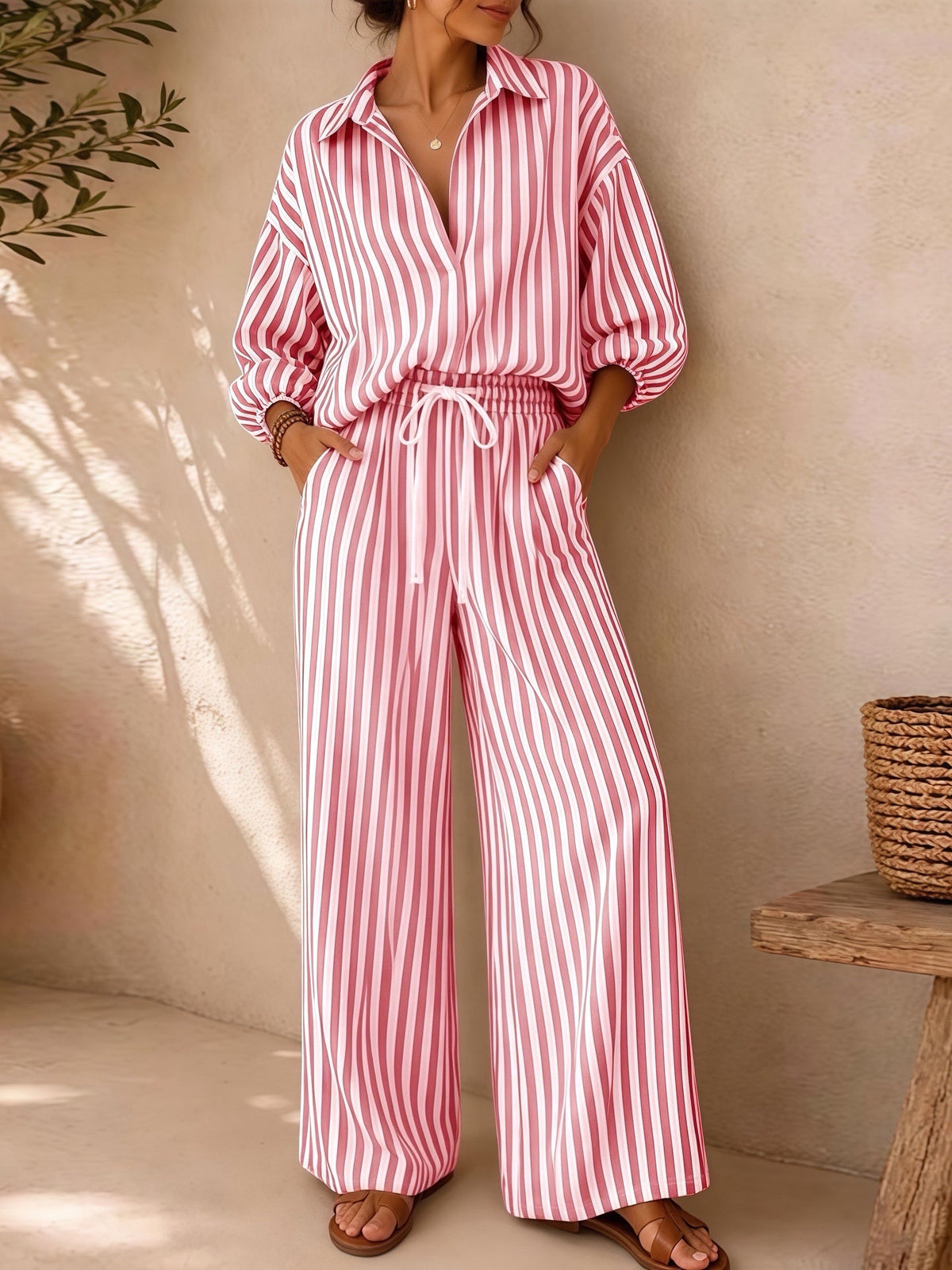 Women's Striped Shirt and Pants Set - Pink