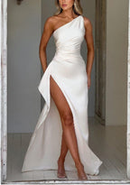 Women's Satin Open-Back Maxi Dress with Side Slit - White