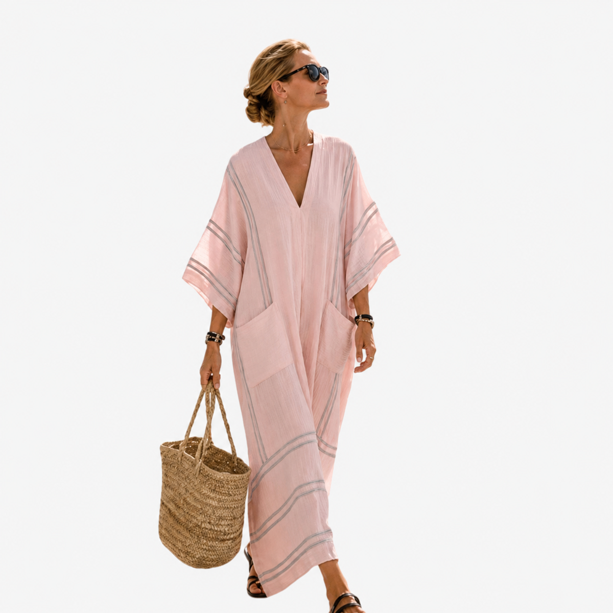 Women's Dusty Pink Kaftan Maxi Dress with White Stripes