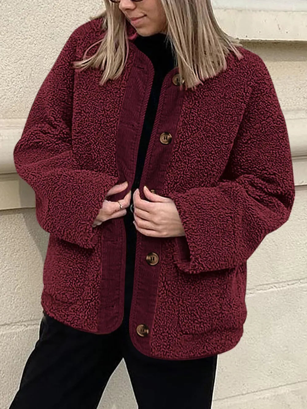 Women's Two-Tone Sherpa Button-Up Jacket with Pockets