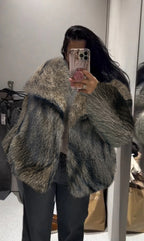 Women's Faux Fur Lapel Coat Warm Padded Winter Coat - Yellow and Black