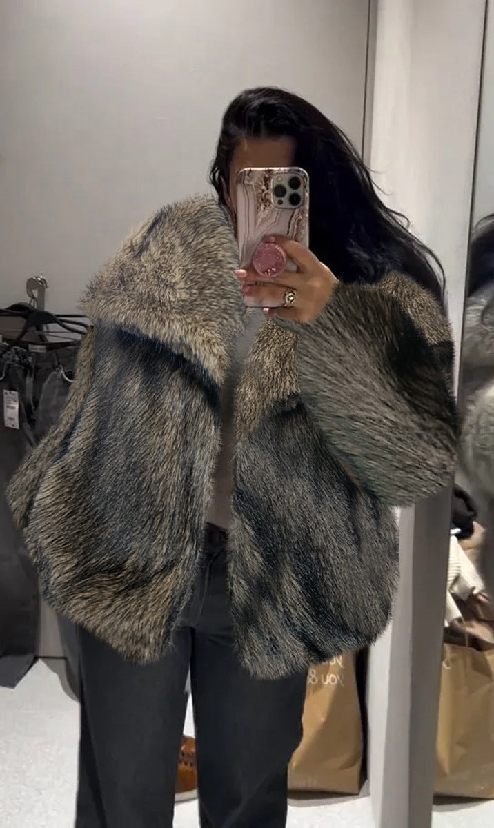 Women's Faux Fur Lapel Coat Warm Padded Winter Coat - Yellow and Black