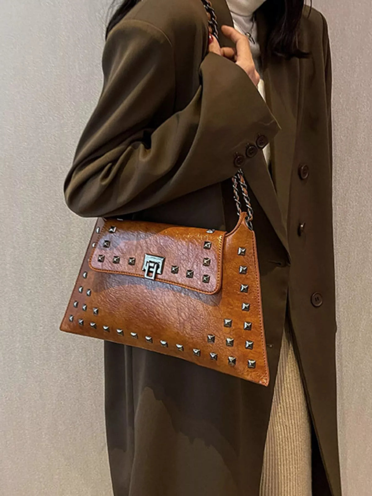 Women's Studded Flap Shoulder Bag with Chain