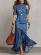 Women's Off-Shoulder Maxi Dress with Ruffle Hem - Blue