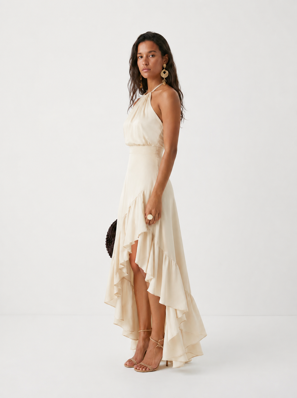Women's Halter Neck Wedding Guest Dress with Asymmetric Ruffle Hem