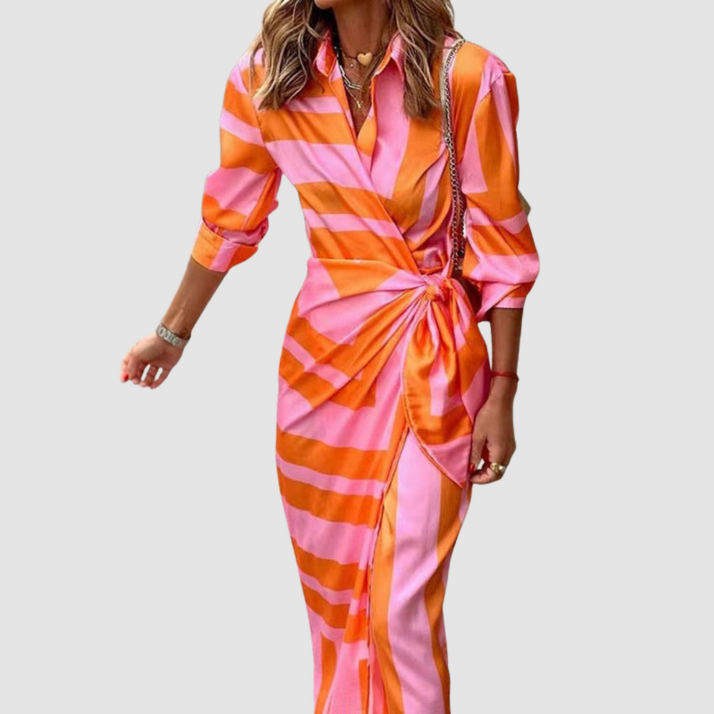 Women's Elegant Striped Wedding Guest Event Dress - Orange and Pink