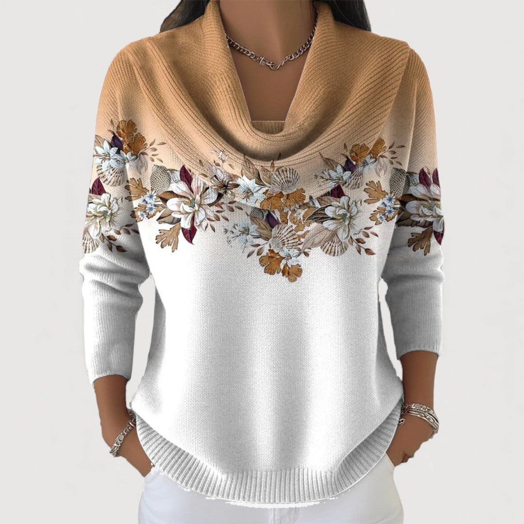 Women's Floral Turtleneck Sweater - Camel