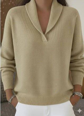 Women's Oversized V-Neck Batwing Sleeve Sweater - Khaki