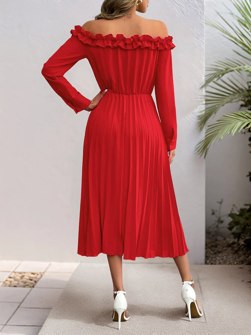 Women's Pleated Off-Shoulder Ruffle Midi Dress