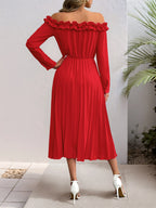 Women's Pleated Off-Shoulder Ruffle Midi Dress