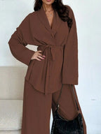 Women's Tie-Waist Top and Textured Wide-Leg Pants Set - Dark Brown