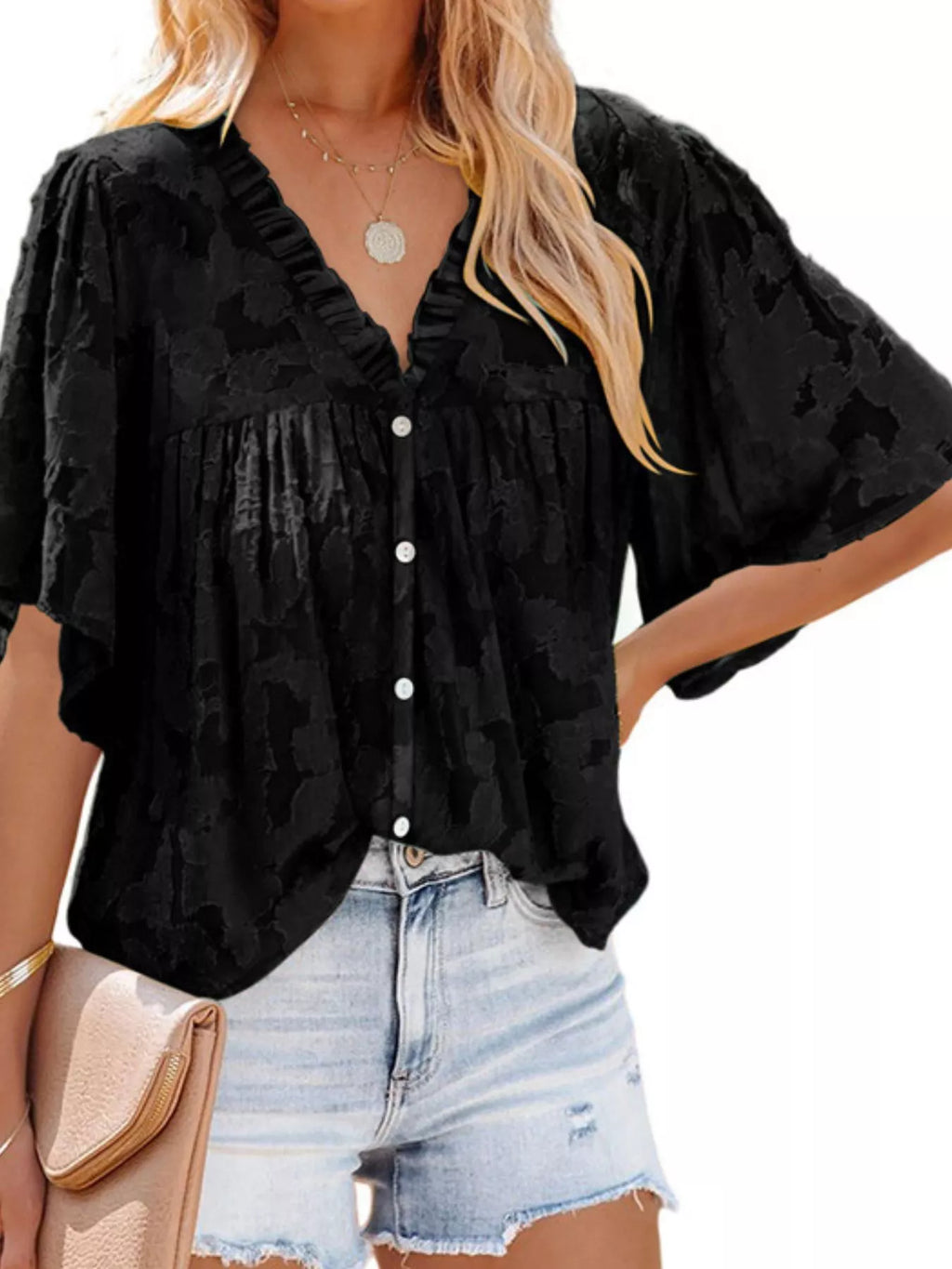 Women's Plus Size Textured V-Neck Button-Up Shirt - Black