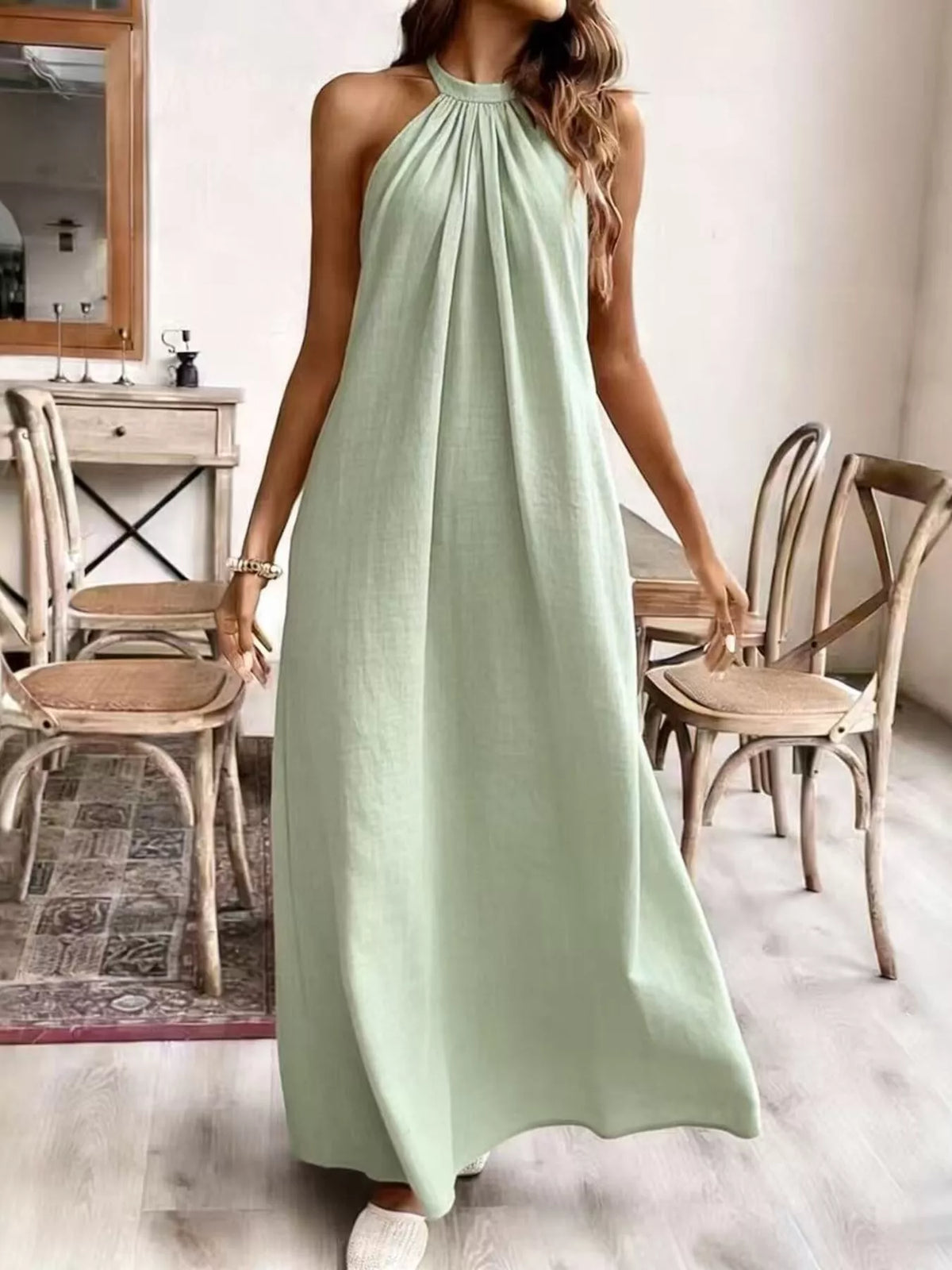 Women's Halter Neck Maxi Dress - Light Green