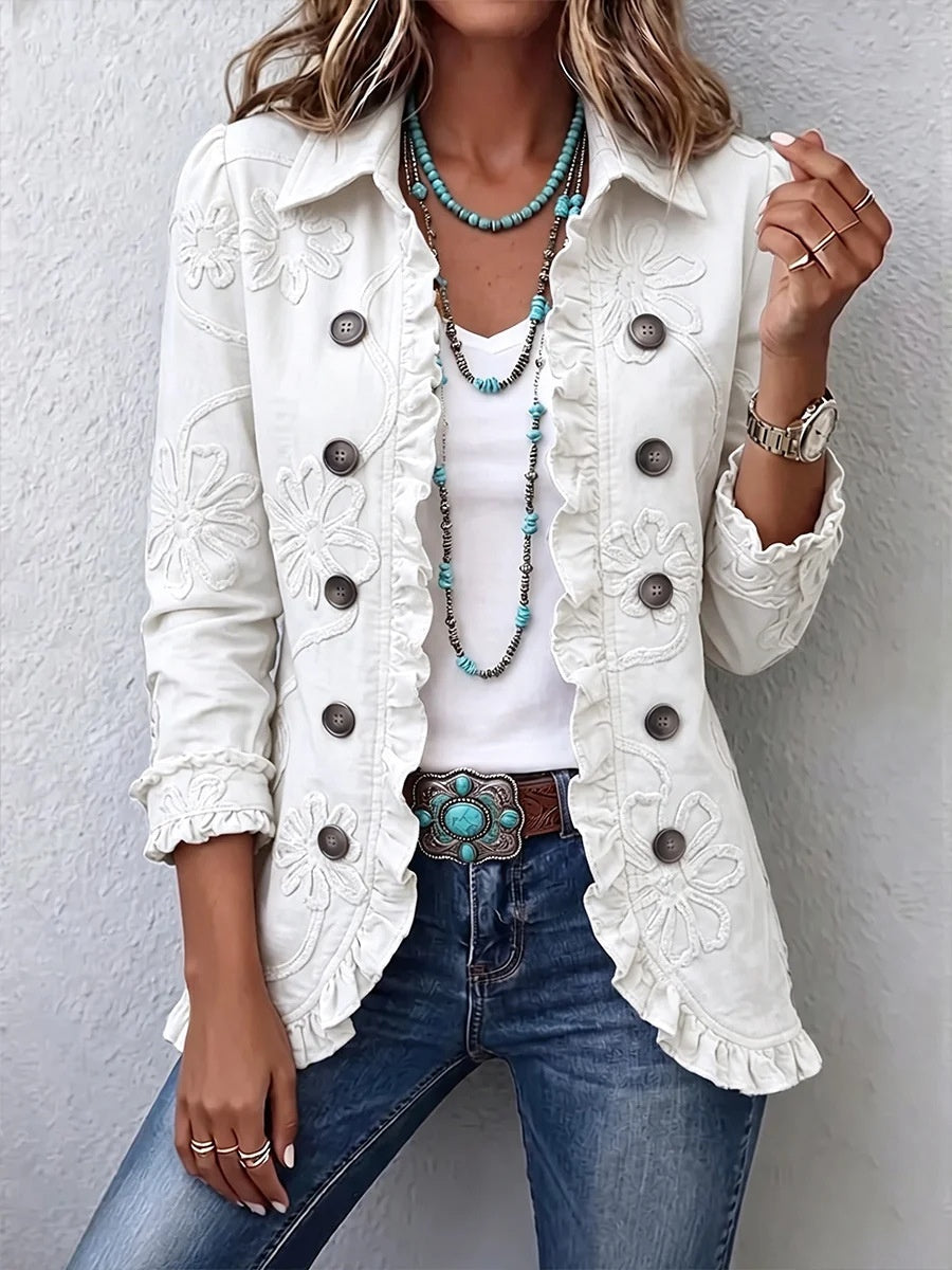 Women's Pleated Ruffle Office Blazer - White Jacquard Embroidered