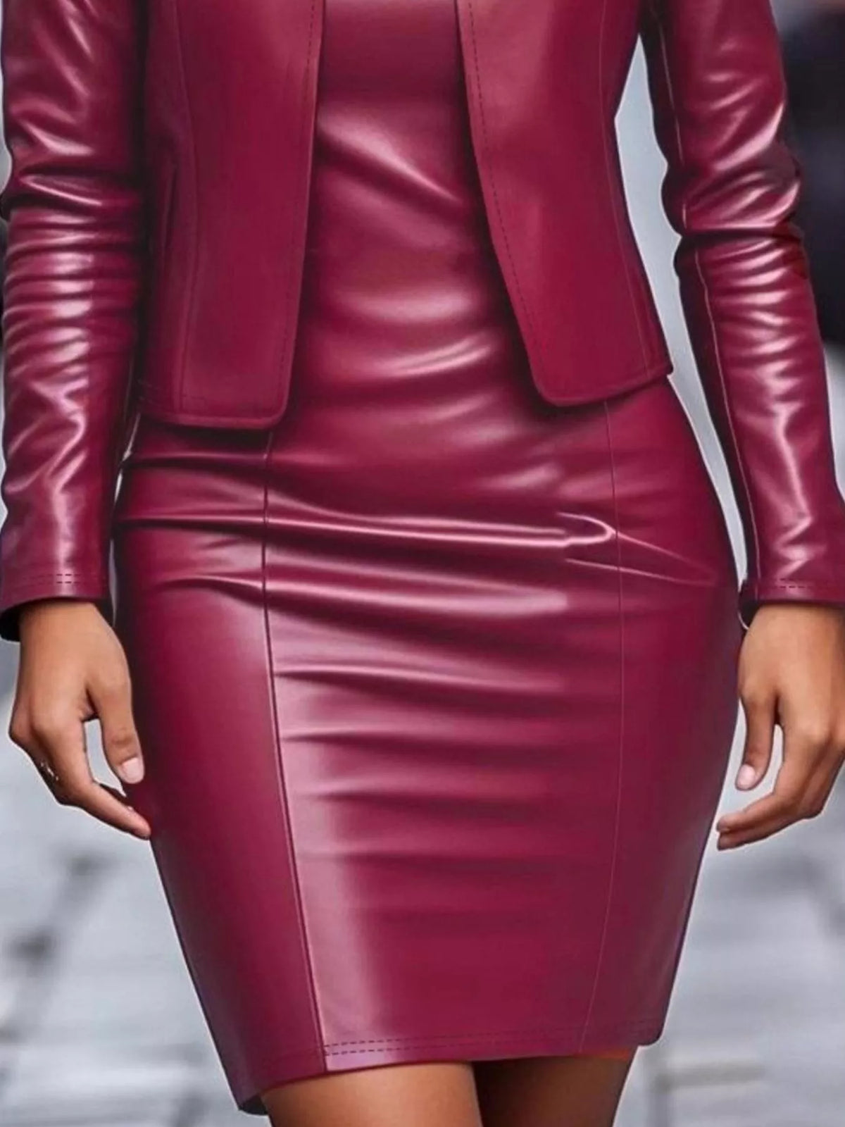 Women's Open Leather Jacket and Elegant Dress Set