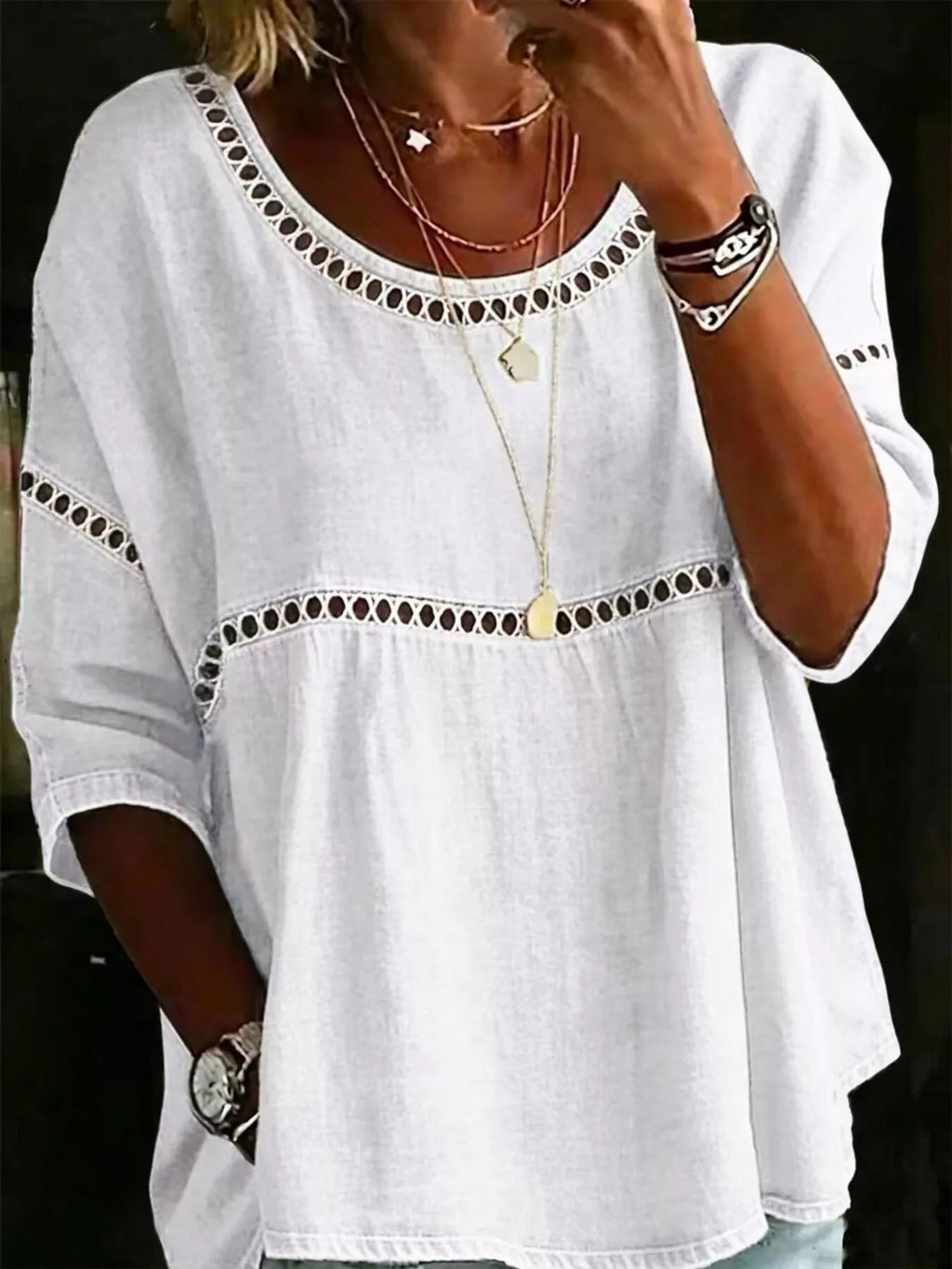 Women's Plus Size Cutout Crew Neck Top - White