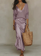 Women's Satin Midi Dress with Sweater Elegant and Versatile - Lilac