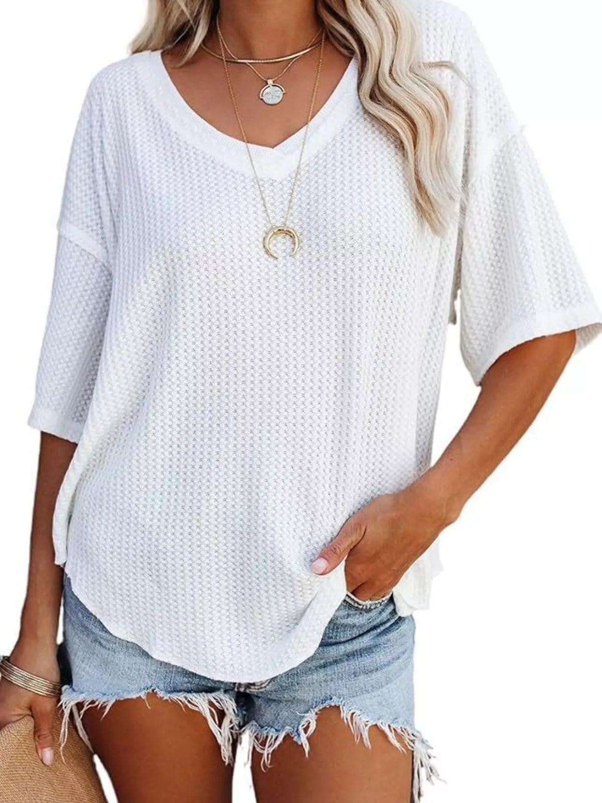 Women's Waffle Knit V-Neck Short Sleeve T-Shirt - White