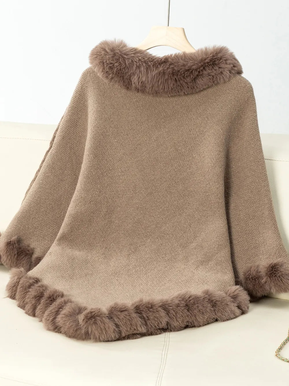 Women's 3/4 Sleeve Poncho with Faux Fur Trim Textured Cape