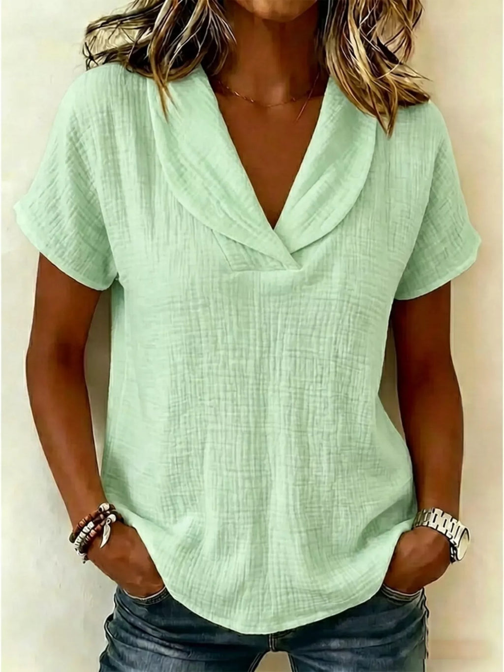 Women's Plus Size Casual Textured Short Sleeve Blouse - Light Green