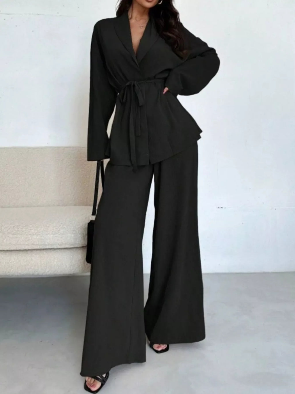 Women's Tie-Waist Top and Textured Wide-Leg Pants Set
