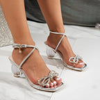 Women's Block Heel Sandals with Bow and Rhinestones
