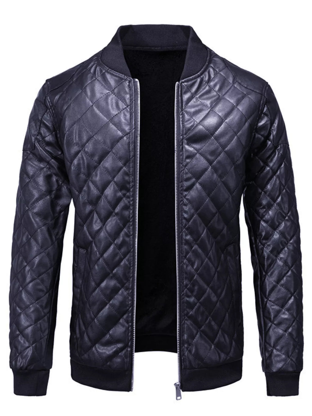 Men's Padded Faux Leather Bomber Jacket Plus Size - Dark Blue