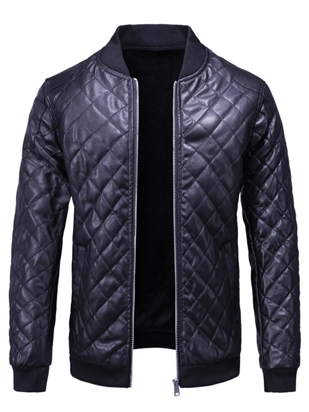 Men's Padded Faux Leather Bomber Jacket Plus Size - Dark Blue