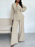 Women's Tie-Waist Top and Textured Wide-Leg Pants Set