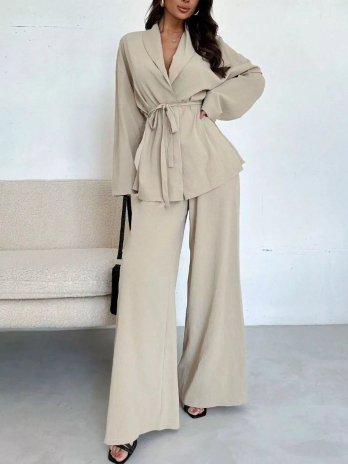 Women's Tie-Waist Top and Textured Wide-Leg Pants Set