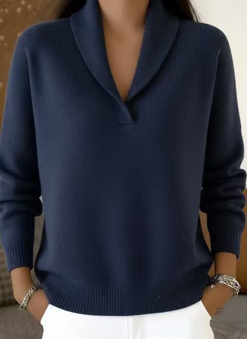 Women's Oversized V-Neck Batwing Sleeve Sweater - Navy Blue