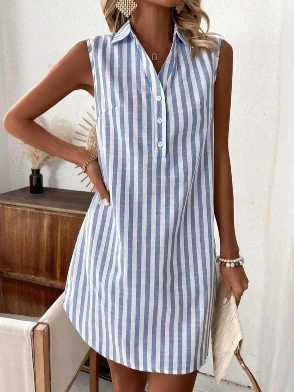Women's Sleeveless Striped Shirt Dress with Button Detail