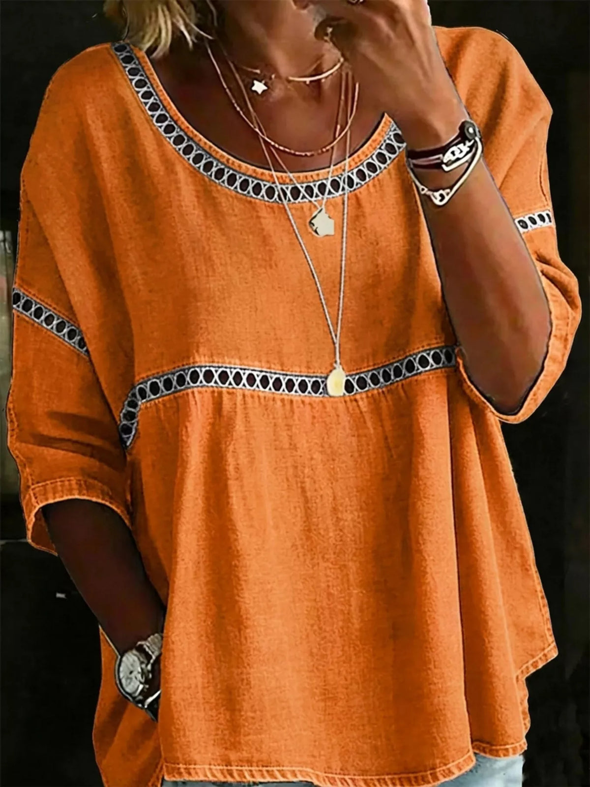 Women's Plus Size Cutout Crew Neck Top - Orange