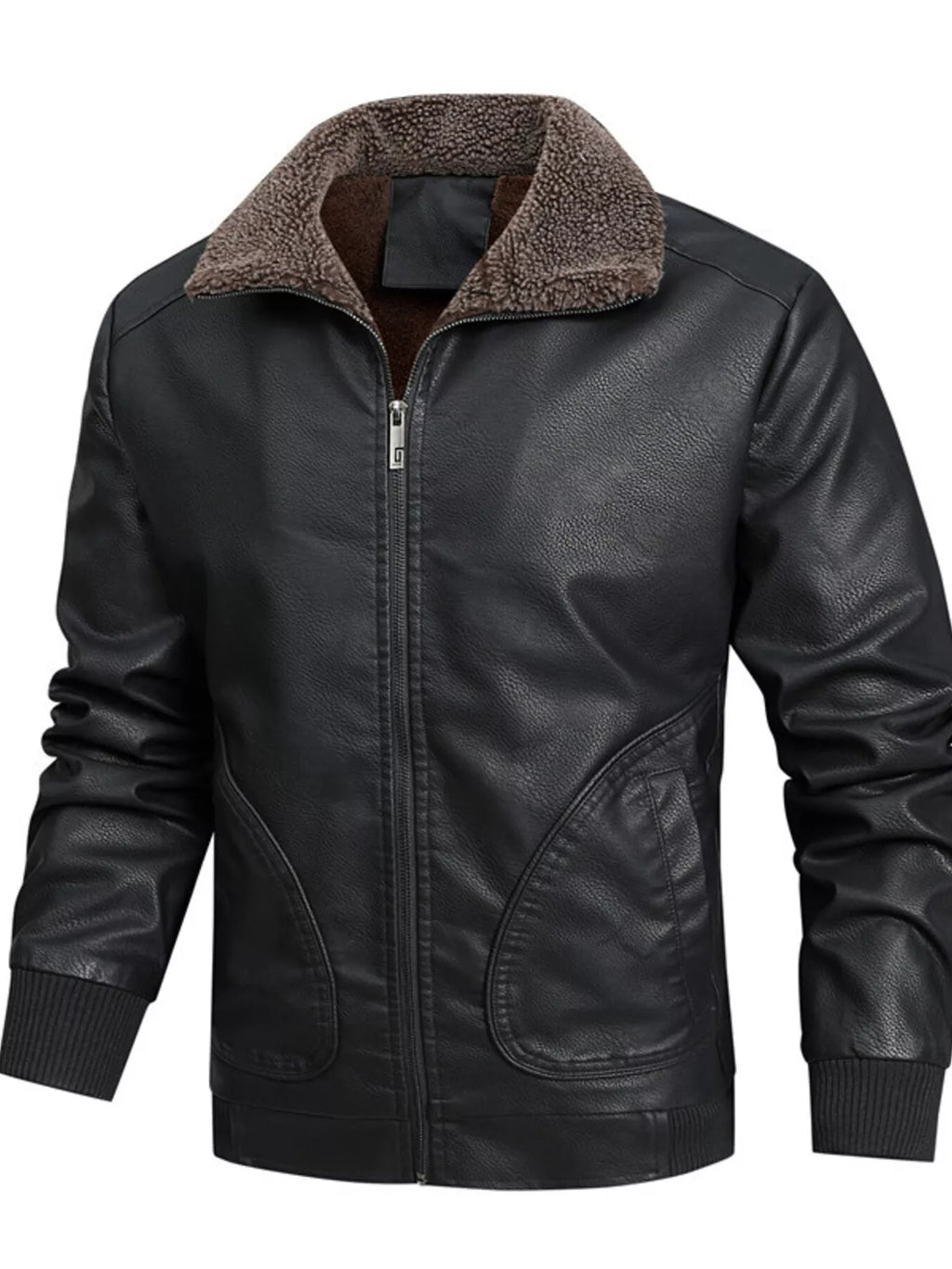 Men's Leather Jacket with Sherpa Collar Plus Size - Black