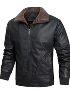 Men's Leather Jacket with Sherpa Collar Plus Size - Black
