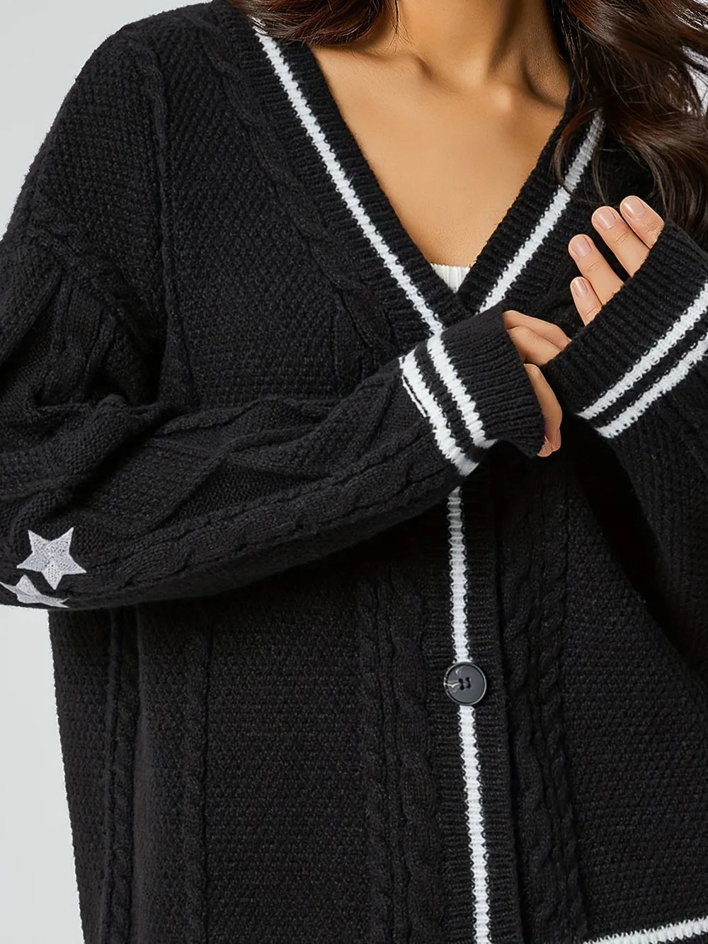 Women's V-Neck Long Sleeve Star Embroidered Knit Cardigan