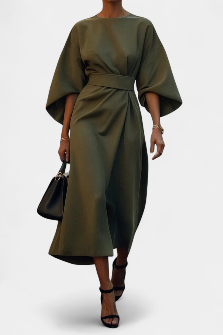 Women's Lantern Sleeve Fitted-Waist Dress - Green
