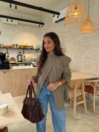 Women's Taupe Plaid Asymmetric Blazer