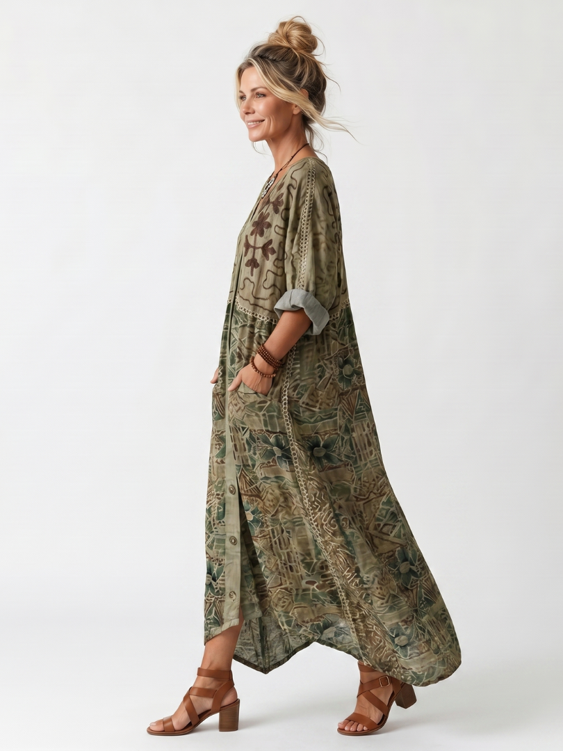 Women's Oversized Button-Front Midi Dress with Pockets