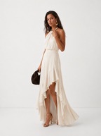 Women's Halter Neck Wedding Guest Dress with Asymmetric Ruffle Hem