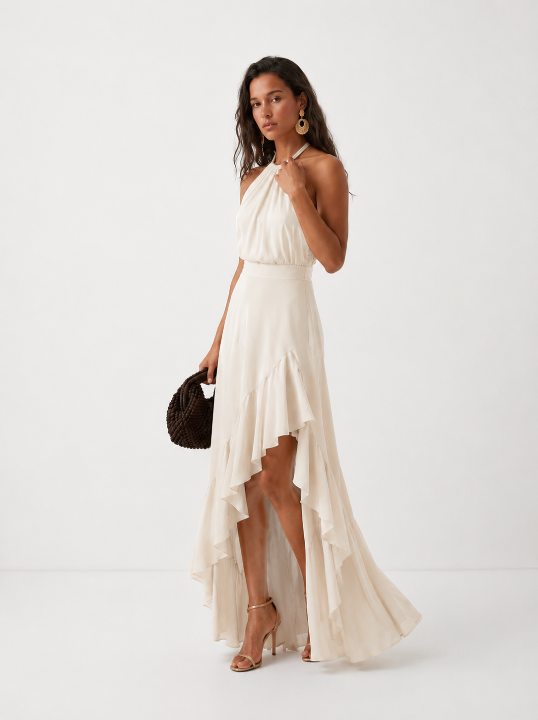 Women's Halter Neck Wedding Guest Dress with Asymmetric Ruffle Hem