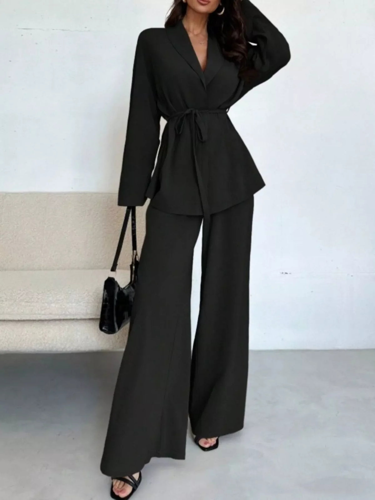 Women's Tie-Waist Top and Textured Wide-Leg Pants Set - Black