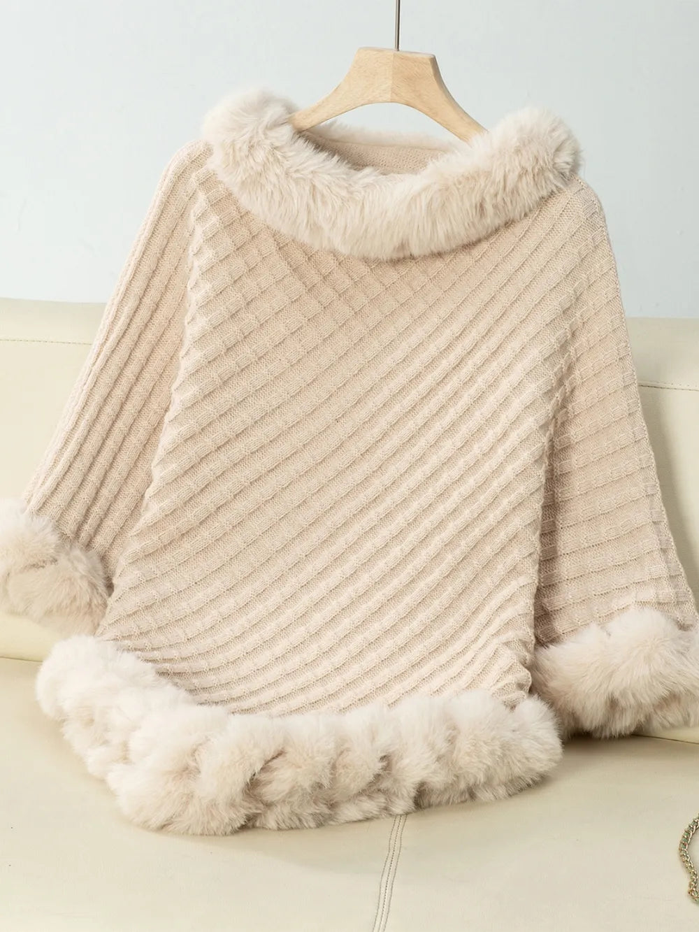 Women's 3/4 Sleeve Poncho with Faux Fur Trim Textured Cape