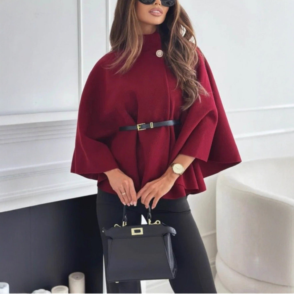 Women's Turtleneck Wool Poncho with Belt - Wine Red