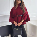 Women's Turtleneck Wool Poncho with Belt - Wine Red