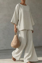 Women's Linen Boat Neck Top and Wide-Leg Pants Set