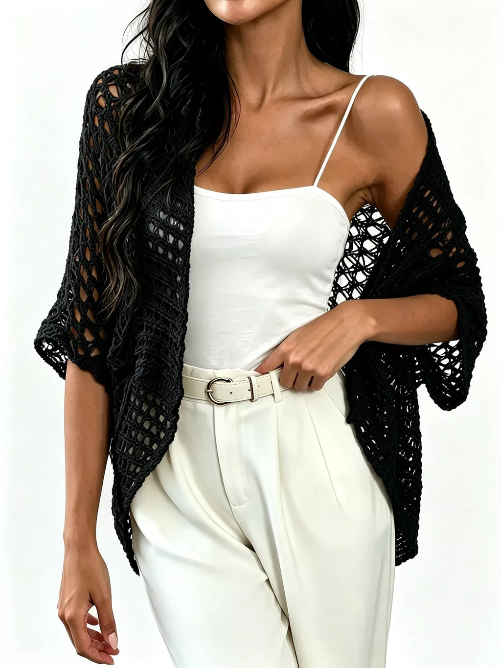 Women's Open Front Crochet Cardigan - Black