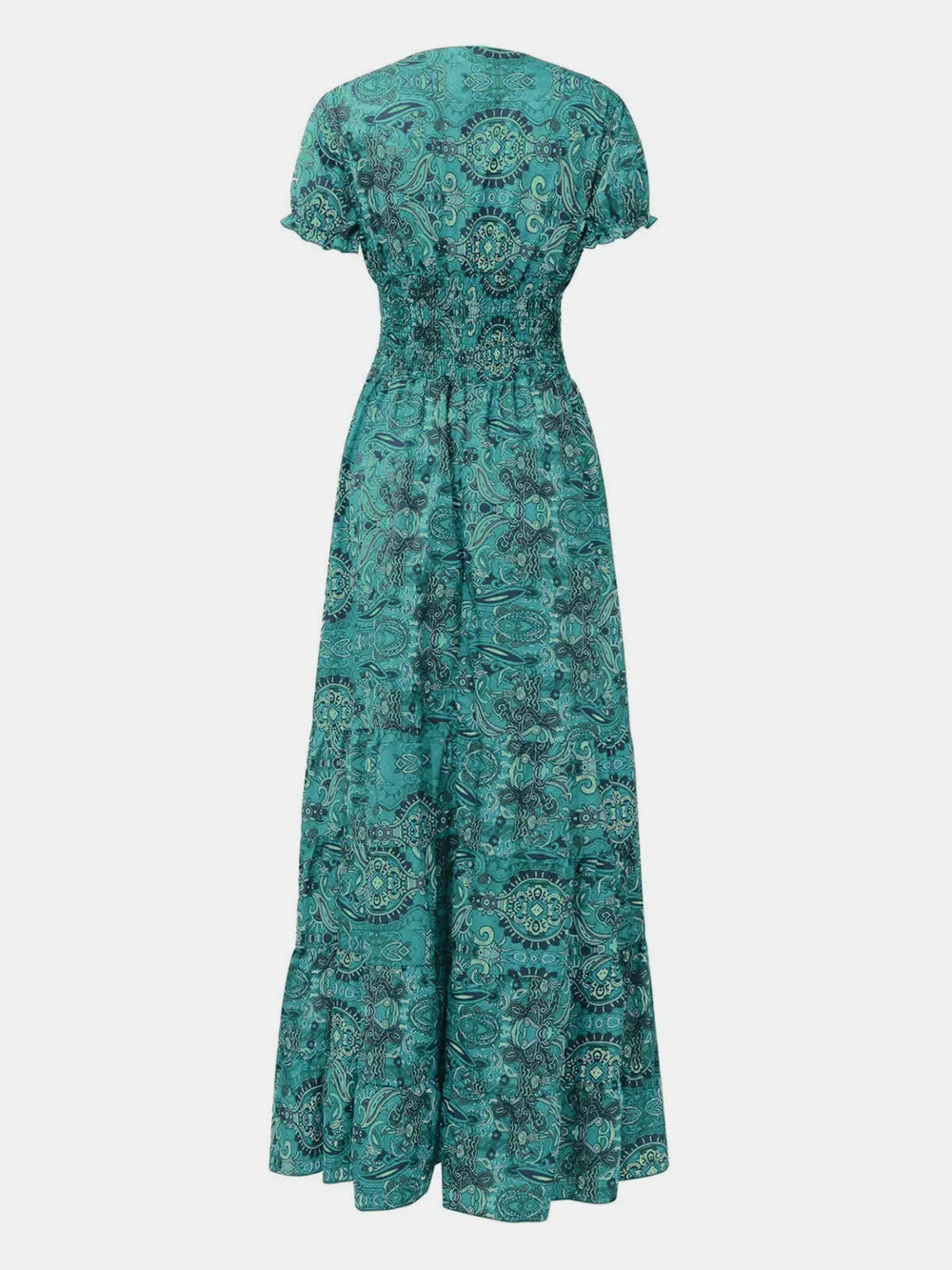 Women's Plus Size Short Sleeve V-Neck Printed Dress with Ruched Detail - Turquoise