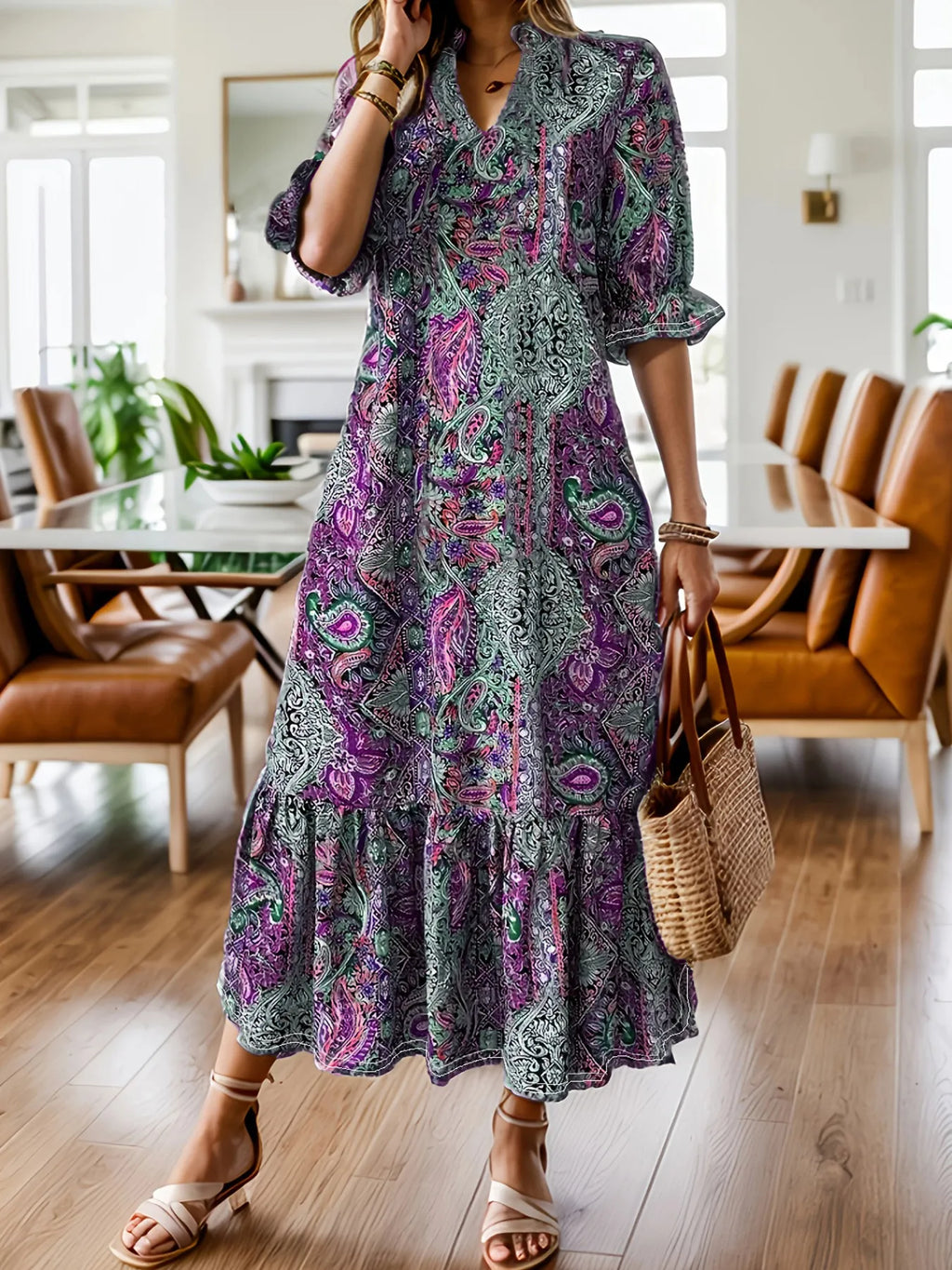 Women's Boho Paisley Midi Dress with Ruffle Hem - Purple