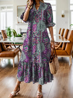 Women's Boho Paisley Midi Dress with Ruffle Hem - Purple
